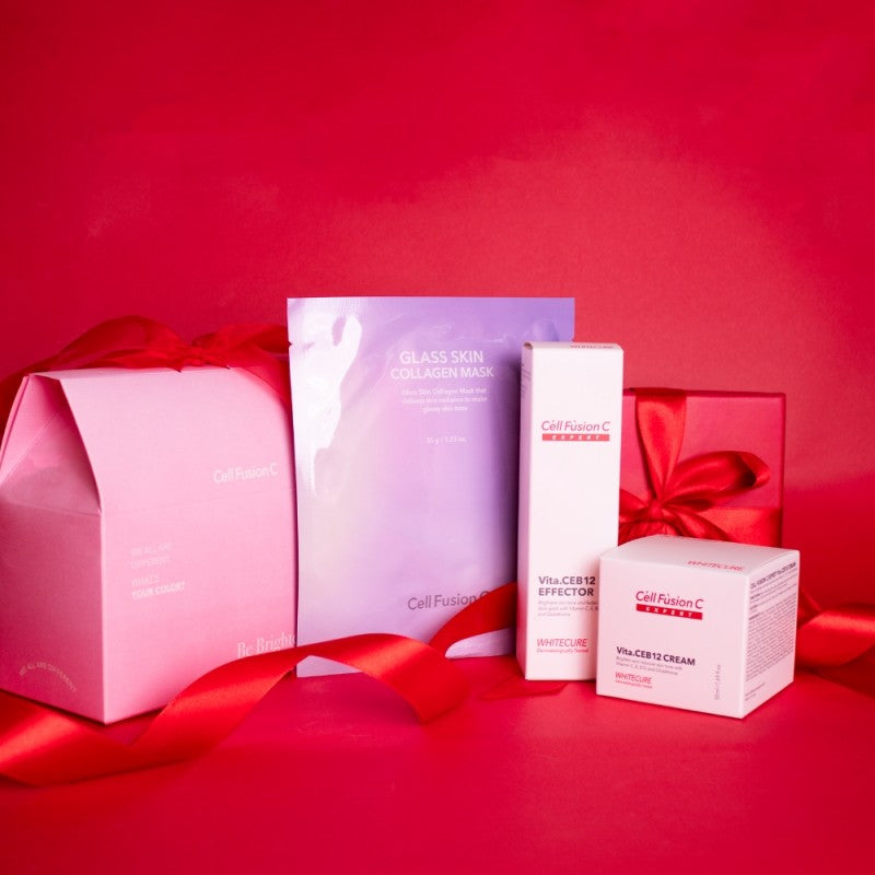 CELL FUSION C EXPERT šventinis rinkinys odos spindesiui rožinėje dėžutėje "WHITECURE", 4 VNT