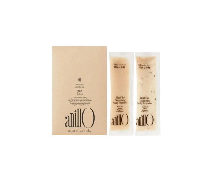 ANILLO Black Tea Nourishing Kit švelniai valo, drėkina ir minkština visų tipų plaukus. Su juodosios arbatos ekstraktu ir hialurono rūgštimi. Karale.lt