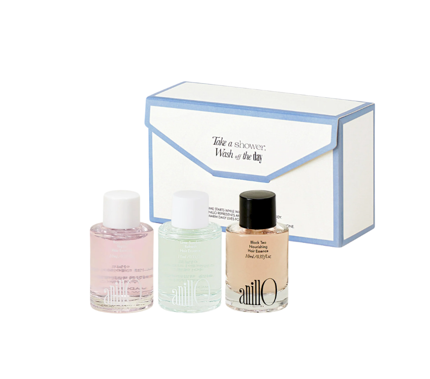 ANILLO Hair Mini Essence Trio Set maitina ir glotnina visų tipų plaukus. 3 mini esencijos su aliejais, rožių ir arbatos ekstraktais, kelionėms. Karale.lt