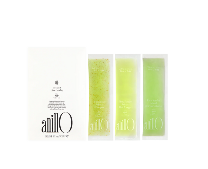 ANILLO Lime Sunday Refresh Kit – mėginukų rinkinys riebiai galvos odai: valo, gaivina ir drėkina plaukus. Su mandarinų ekstraktu ir mentoliu. Karale.lt