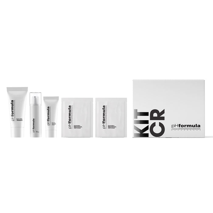 pH FORMULA kelioninis C.R. rinkinys jautriai, raudonuojančiai odai su retinoliu ir niacinamidu. 4 profesionalios priemonės raudonumui, kuperozei mažinti. Veiksminga raminanti priežiūra kelionėms.