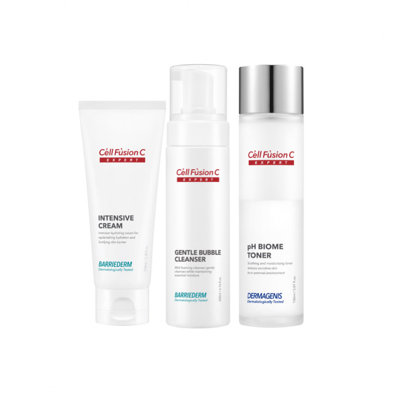 Cell Fusion C Expert rinkinys sausai odai: Gentle Bubble Cleanser, pH BIOME Toner, Intensive Cream. Giliai drėkina, atkuria barjerą. Karale.lt