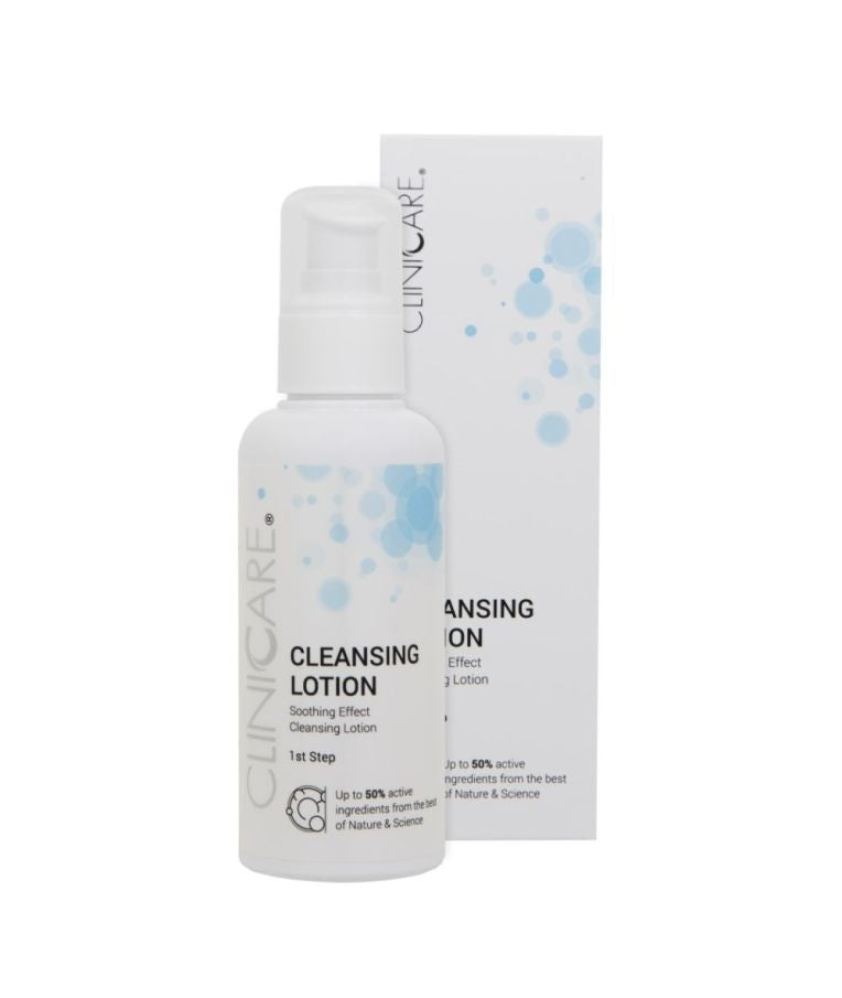 CliniCare Cleansing Lotion – švelnus valomasis pienelis visiems odos tipams. Šalina makiažą, drėkina, ramina jautrią odą. Su centelės, alantoino ekstraktais. Karale.lt