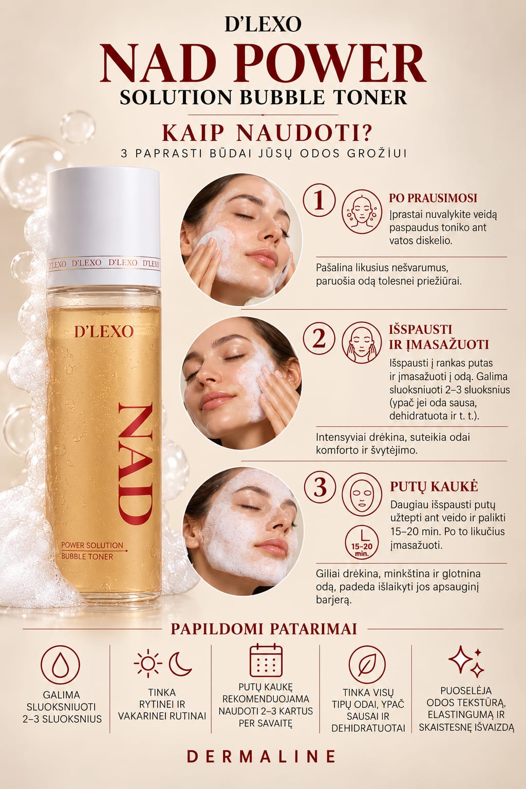 Dermaline D'LEXO NAD Bubble Toner – drėkinantis putų tonikas su NAD, niacinamidu ir peptidais sausai, pavargusiai odai. Skaistina ir atgaivina. Karale.lt