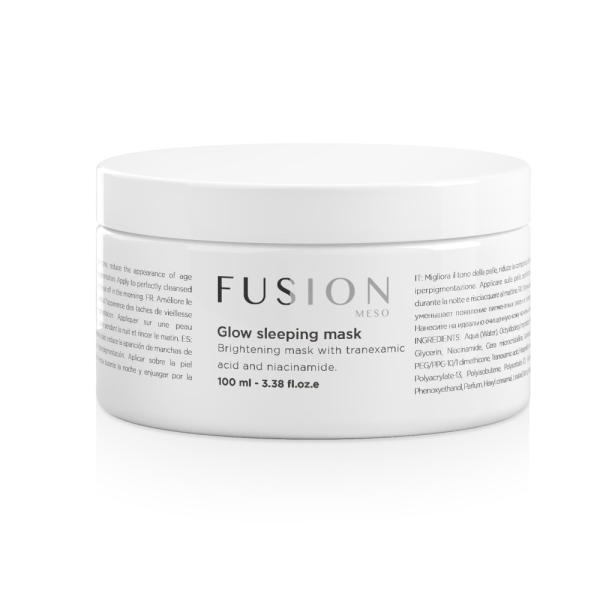 Šviesinamoji Fusion Mesotherapy miego kaukė su niacinamidu ir vitaminu C. Profesionali Glow Sleeping Mask pigmentacijos mažinimui, odos skaistinimui ir spindesio suteikimui. 100ml.