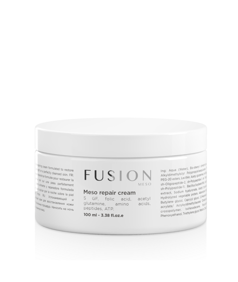 Raminamojo poveikio Fusion Mesotherapy kremas odos atstatymui su augimo faktoriais. Profesionali Meso Repair Cream jautriai, dirgintos odos regeneracijai ir raminimui. 100ml.