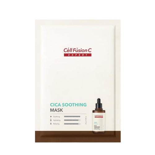 Cell Fusion C Expert Cica Soothing Mask - raminanti lakštinė kaukė jautriai ir atopinei odai. Su centele ir arbatmedžiu mažina uždegimus, stiprina odos barjerą. Ekologiška.