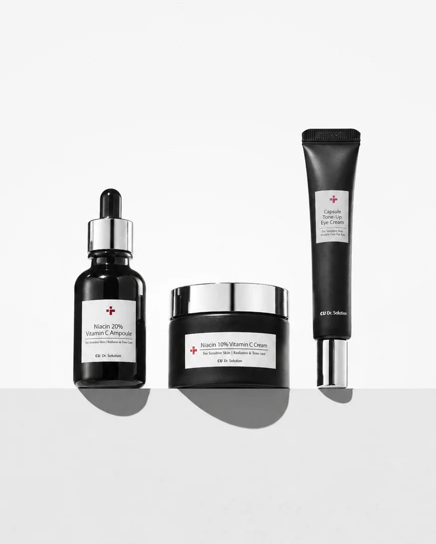 CUSKIN Bright Renewal Set – serumas, kremas ir paakių kremas su niacinamidu 10%, vitaminu C ir hialurono rūgštimi. Šviesinam pigmentaciją, suteikiam švytėjimą. Karale.lt