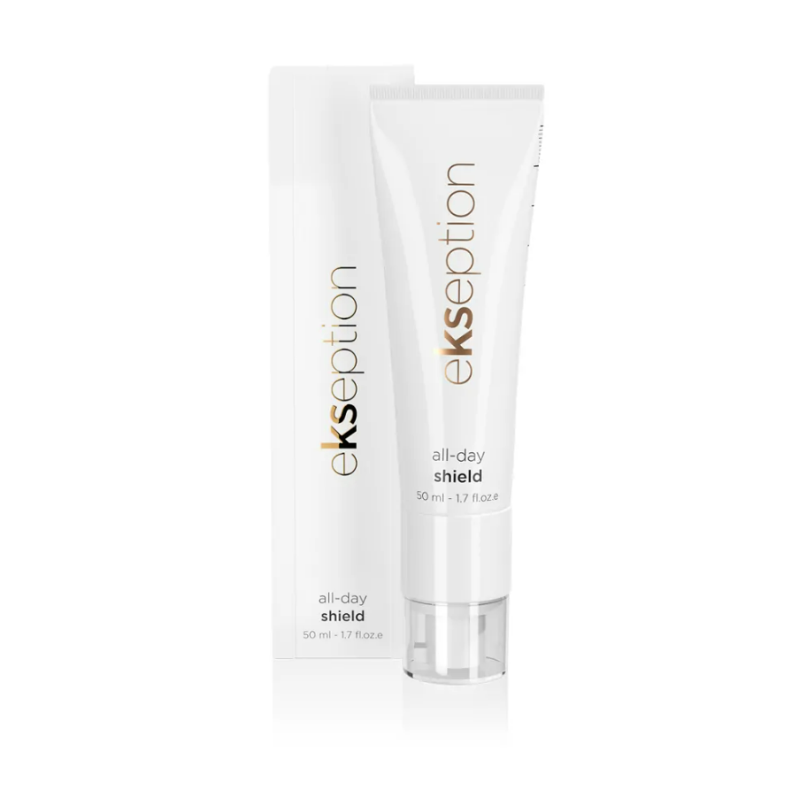 Profesionalus EKSEPTION apsauginis dieninis kremas SPF50+ su ferulo rūgštimi. All Day Shield apsaugo nuo UVA/UVB, mėlynos šviesos ir antioksidantai. Greitas pristatymas. 30ml.