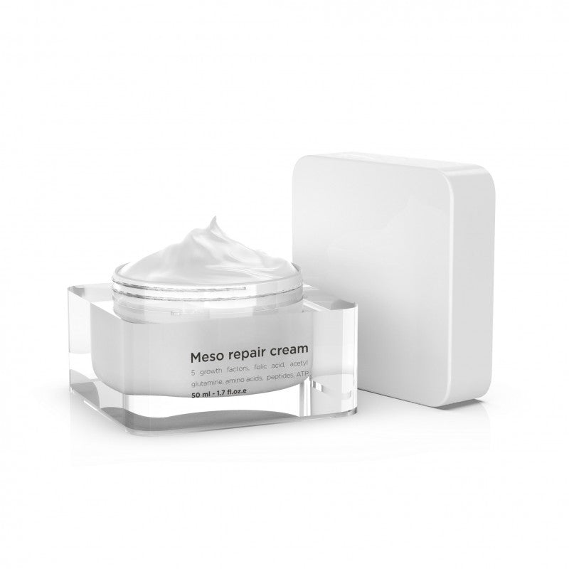 Raminamojo poveikio Fusion Mesotherapy kremas odos atstatymui su augimo faktoriais. Profesionali Meso Repair Cream jautriai, dirgintos odos regeneracijai ir raminimui. 50ml.