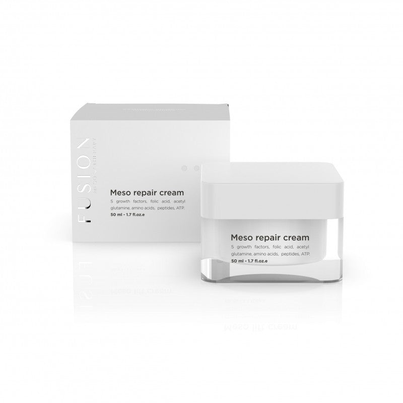 Raminamojo poveikio Fusion Mesotherapy kremas odos atstatymui su augimo faktoriais. Profesionali Meso Repair Cream jautriai, dirgintos odos regeneracijai ir raminimui. 50ml.