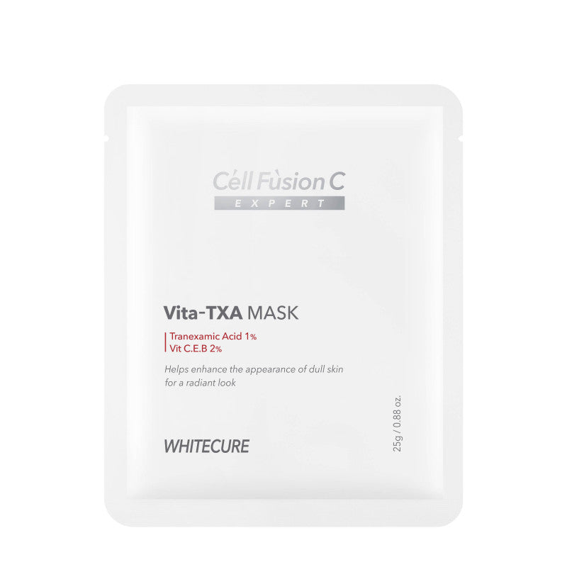 Cell Fusion C Expert White Cure Vita-TXA Mask skaistina ir drėkina papilkėjusią odą. Su 1 % traneksamo rūgšties ir 2 % niacinamido. 1 vnt. Karale.lt