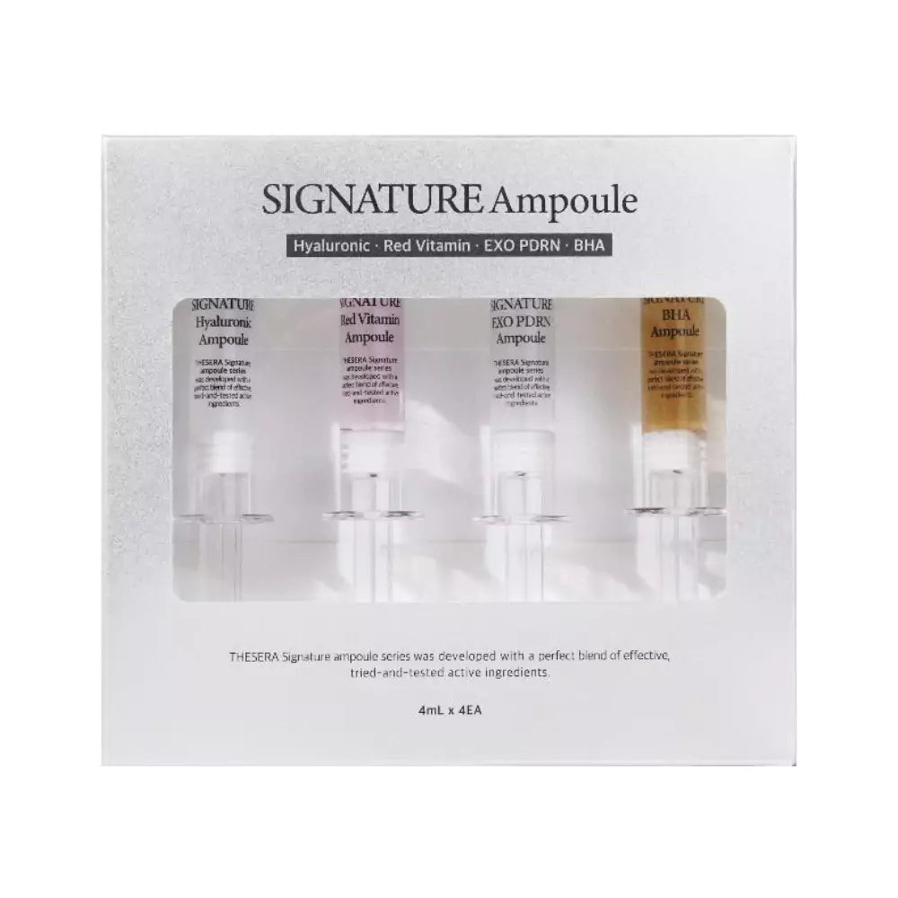 THESERA Signature ampulių rinkinys odai drėkinti ir skaistinti: Hyaluronic, Red Vitamin, EXO PDRN ir BHA. Dehidratuotai, papilkėjusiai odai. Karale.lt