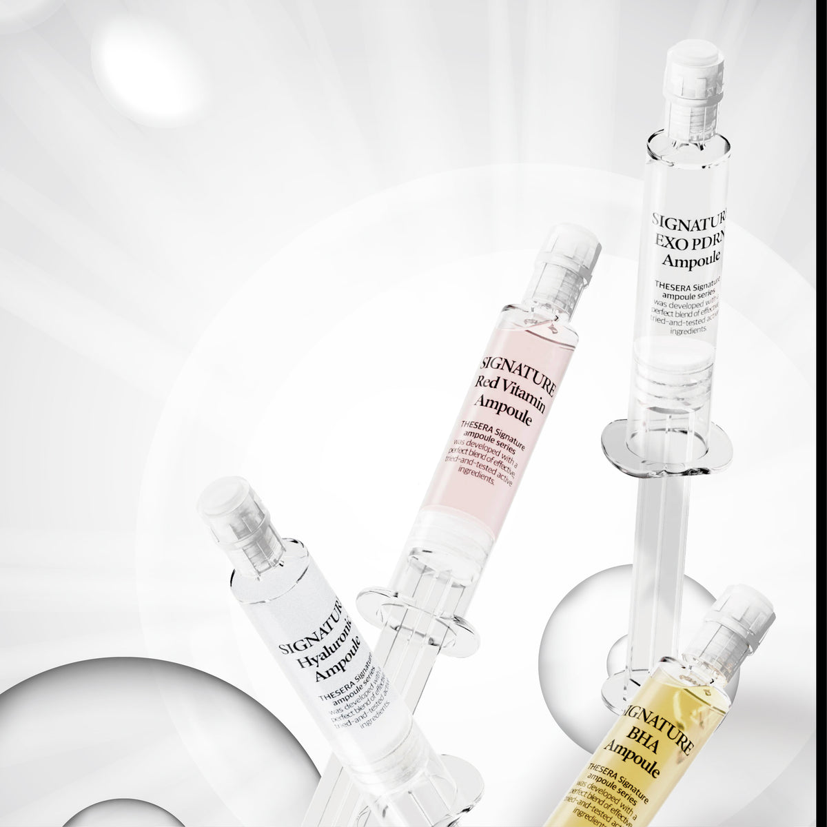 THESERA Signature ampulių rinkinys odai drėkinti ir skaistinti: Hyaluronic, Red Vitamin, EXO PDRN ir BHA. Dehidratuotai, papilkėjusiai odai. Karale.lt