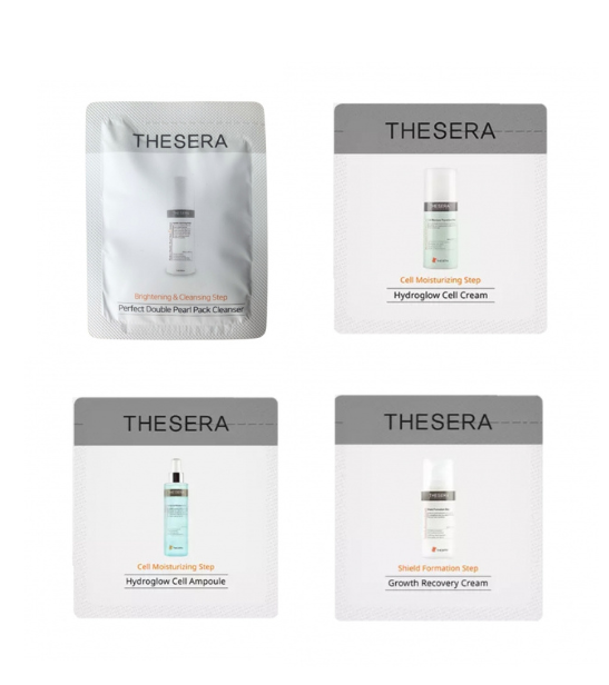 Thesera rinkinys: Perfect Double Pearl Pack Cleanser, Hydraglow Cell Cream, Hydroglow Cell Ampoule, Growth Recovery Cream – 4 mėginukai. Karale.lt